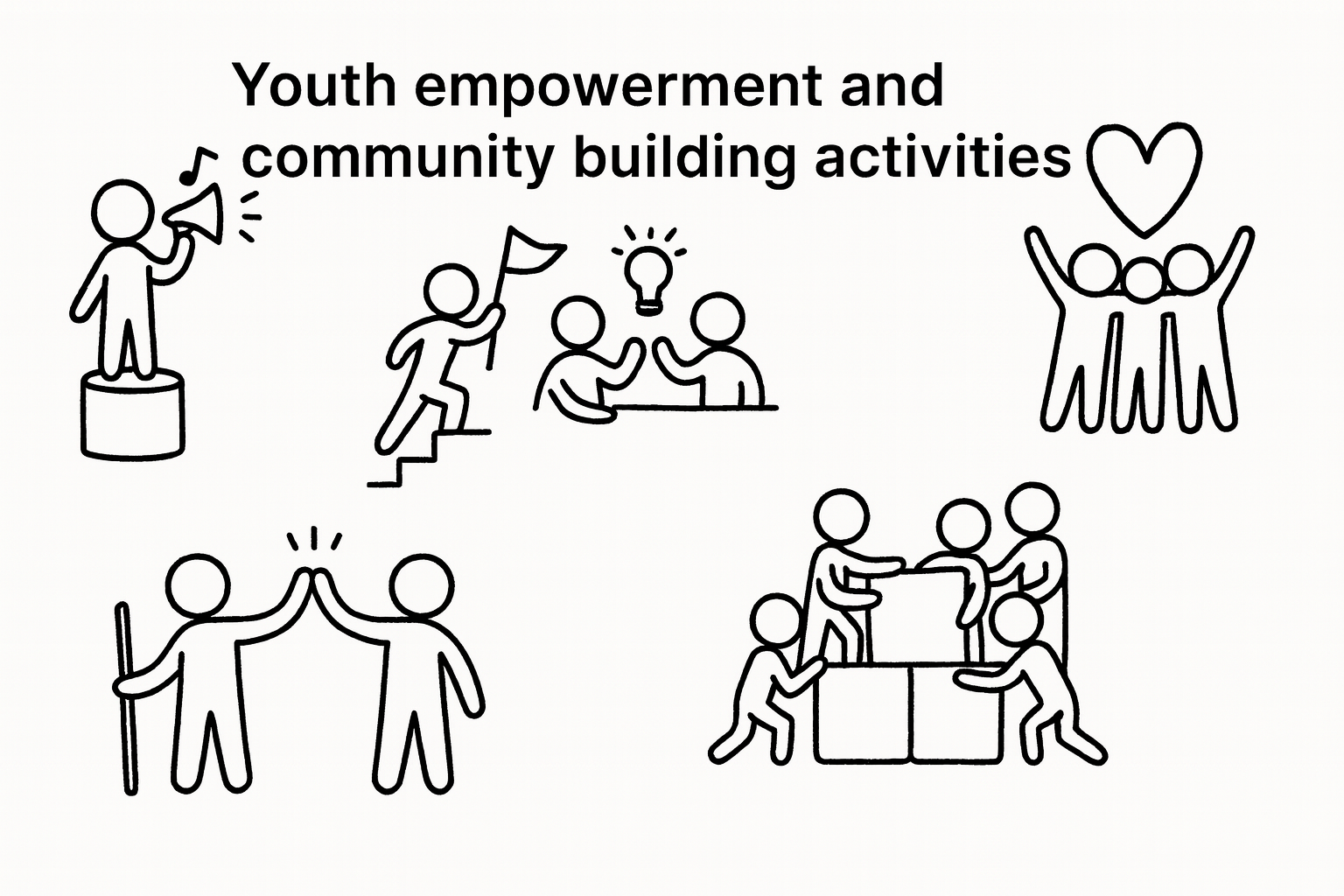Stick figure illustration of youth empowerment and community building activities